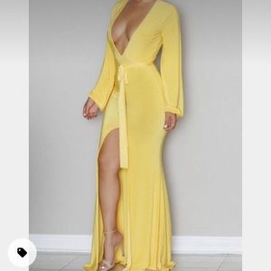 Yellow long sleeve maxi dress with plunging neck